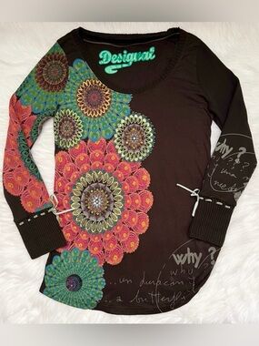Desigual Brown Long Sleeve Tunic Top With Sequin Details & Sweater Sleeves